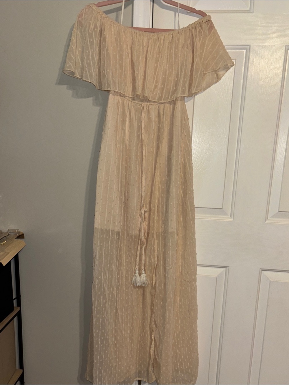 Off-Shoulder Cream Maxi Dress with Tassel Tie
